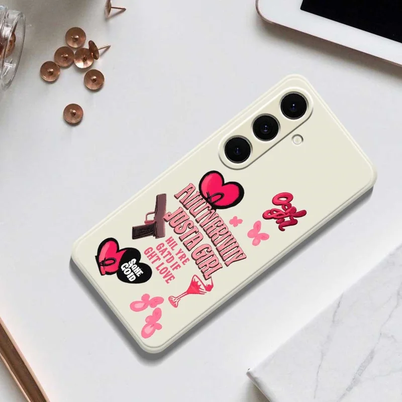 For Samsung Galaxy S24 FE Case Pink Elements Pattern Printing Straight Edge TPU Phone Back Cover - Beige