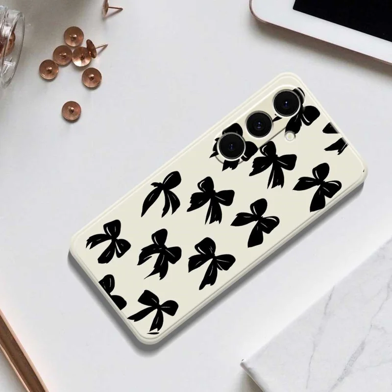For Samsung Galaxy S24 FE Case Black Bow Pattern Printing Straight Edge TPU Phone Back Cover - Beige