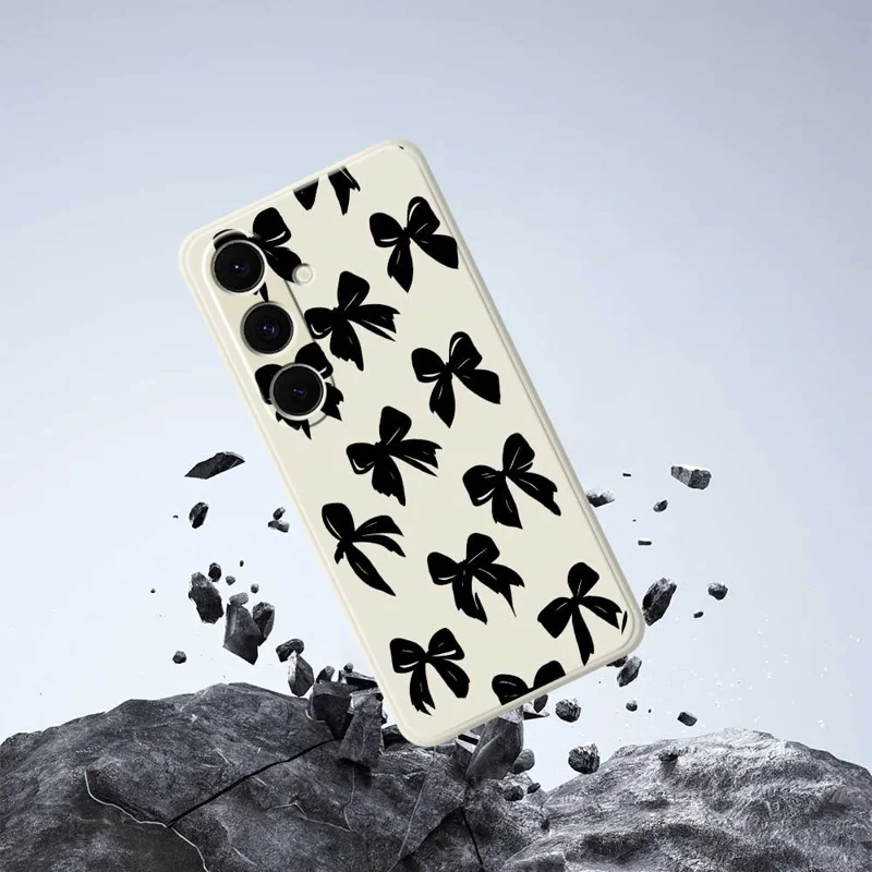 For Samsung Galaxy S24 FE Case Black Bow Pattern Printing Straight Edge TPU Phone Back Cover - Beige