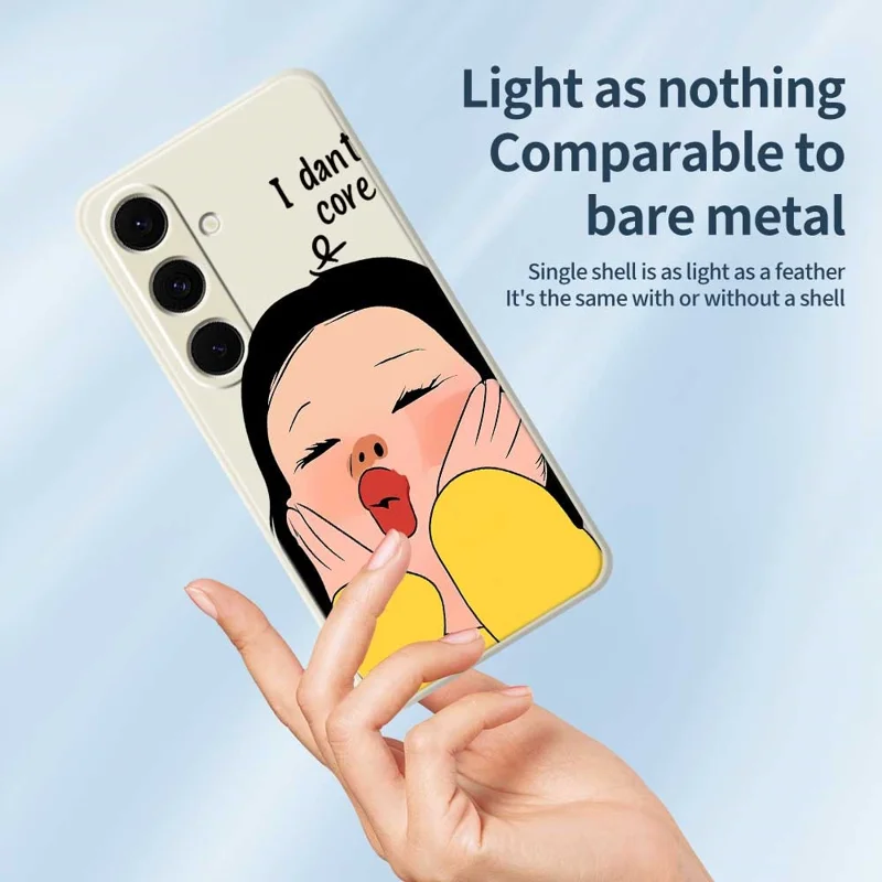 For Samsung Galaxy S24 FE Case Girl Holding Face Pattern Printing Straight Edge TPU Phone Back Cover - Beige