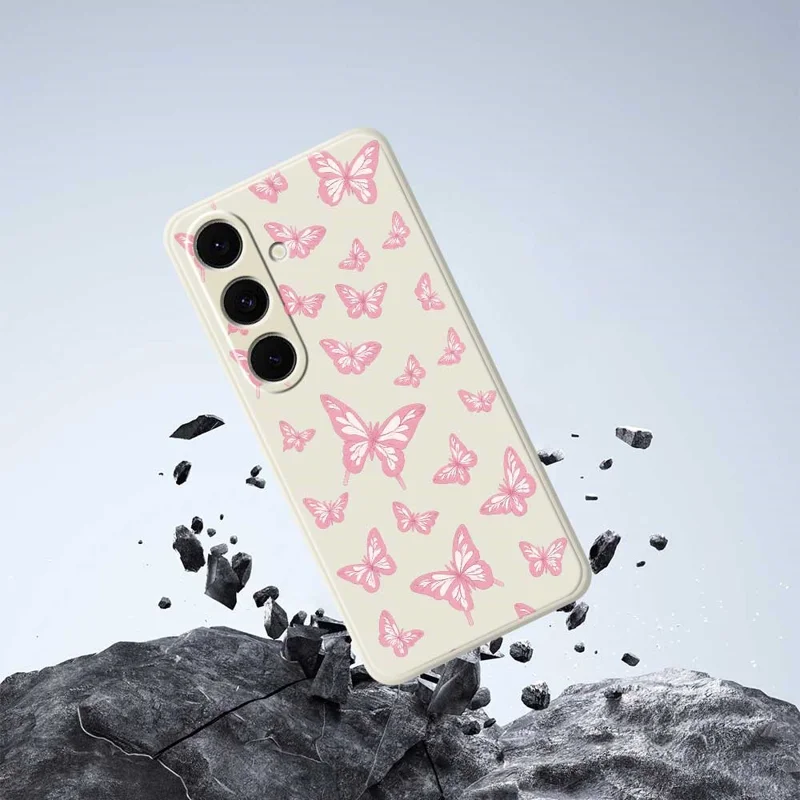 For Samsung Galaxy S24 FE Case Pink Butterflies Pattern Printing Straight Edge TPU Phone Back Cover - Beige