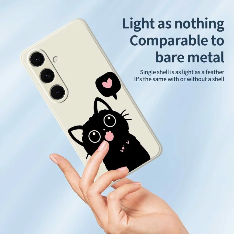 For Samsung Galaxy S24 FE Case Love Black Cat Pattern Printing Straight Edge TPU Phone Back Cover - Beige