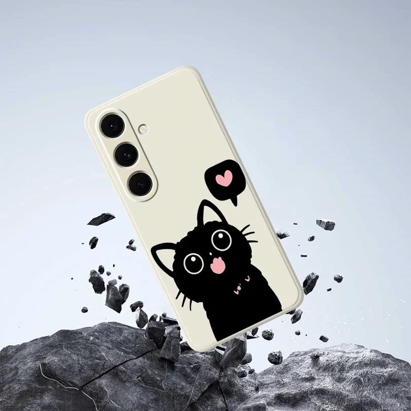 For Samsung Galaxy S24 FE Case Love Black Cat Pattern Printing Straight Edge TPU Phone Back Cover - Beige