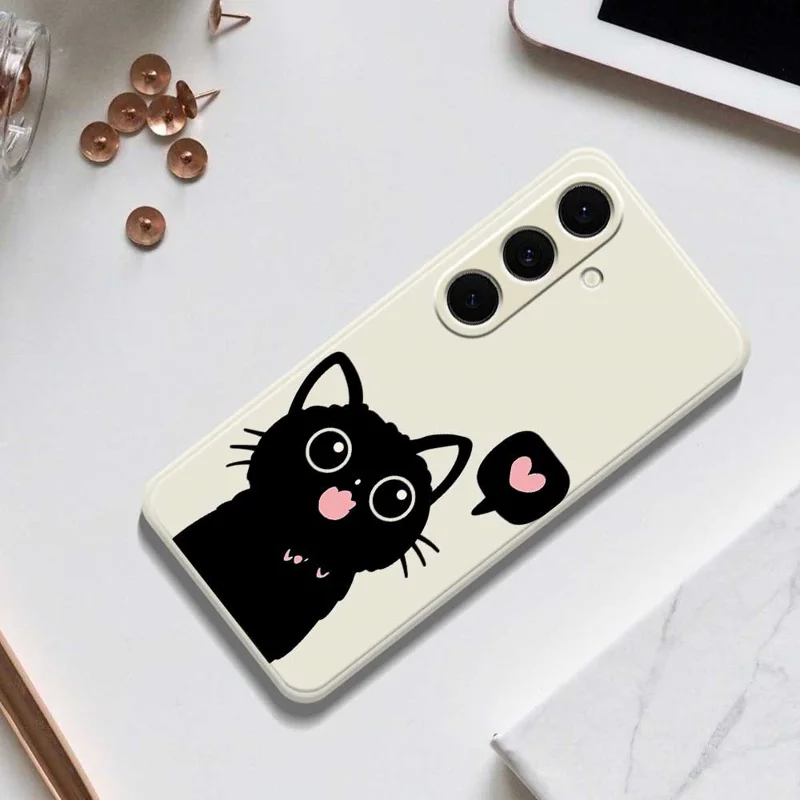 For Samsung Galaxy S24 FE Case Love Black Cat Pattern Printing Straight Edge TPU Phone Back Cover - Beige