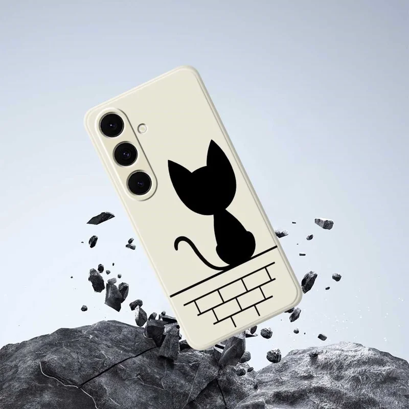For Samsung Galaxy S24 FE Case Black Cat on the Wall Pattern Printing Straight Edge TPU Phone Back Cover - Beige