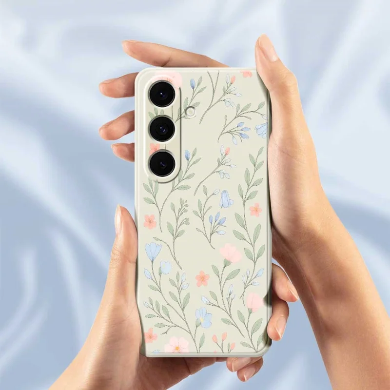 For Samsung Galaxy S24 FE Case Pink Blue Flowers Pattern Printing Straight Edge TPU Phone Back Cover - Beige