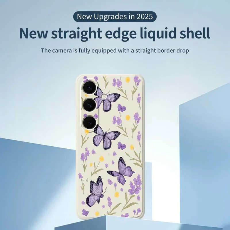 For Samsung Galaxy S24 FE Case Purple Butterflies Pattern Printing Straight Edge TPU Phone Back Cover - Beige