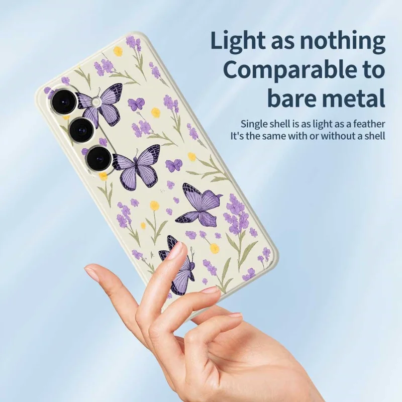 For Samsung Galaxy S24 FE Case Purple Butterflies Pattern Printing Straight Edge TPU Phone Back Cover - Beige