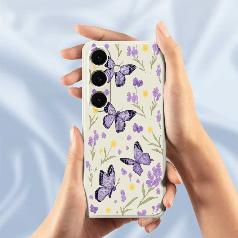 For Samsung Galaxy S24 FE Case Purple Butterflies Pattern Printing Straight Edge TPU Phone Back Cover - Beige