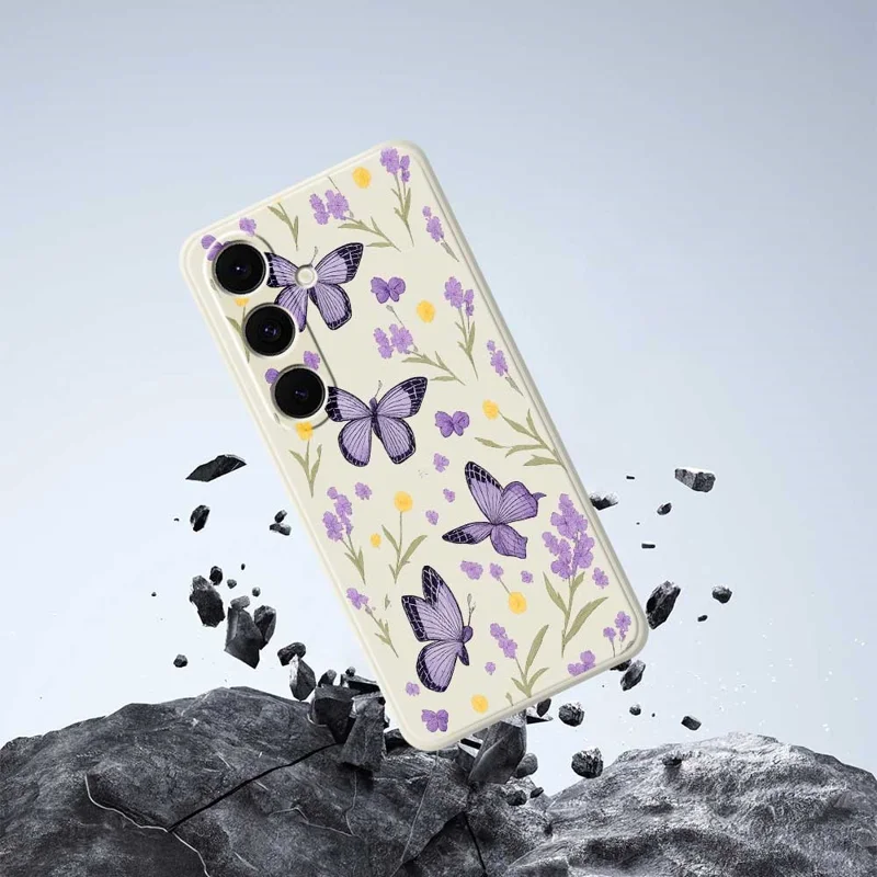 For Samsung Galaxy S24 FE Case Purple Butterflies Pattern Printing Straight Edge TPU Phone Back Cover - Beige