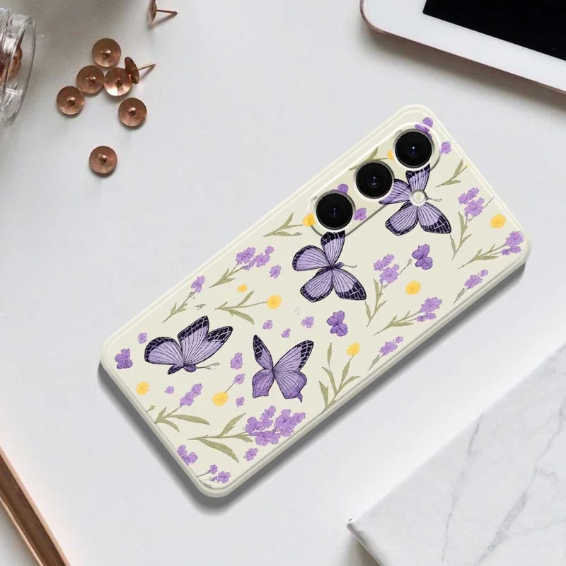 For Samsung Galaxy S24 FE Case Purple Butterflies Pattern Printing Straight Edge TPU Phone Back Cover - Beige