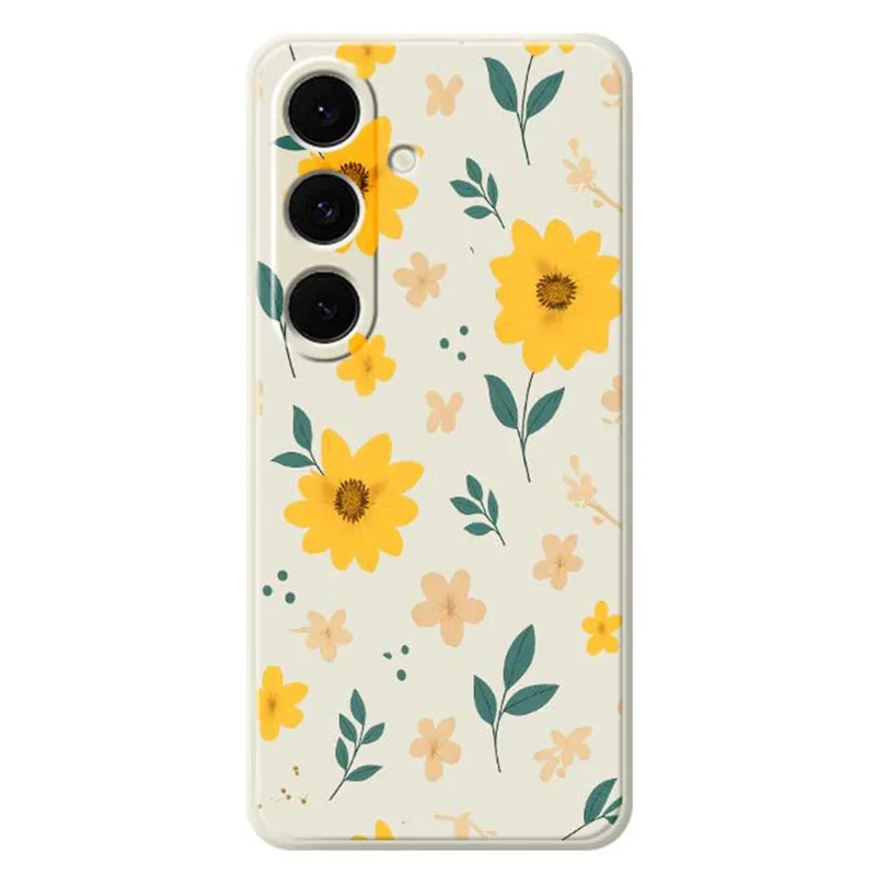 For Samsung Galaxy S24 FE Case Yellow Floral and Leaves Pattern Printing Straight Edge TPU Phone Back Cover - Beige