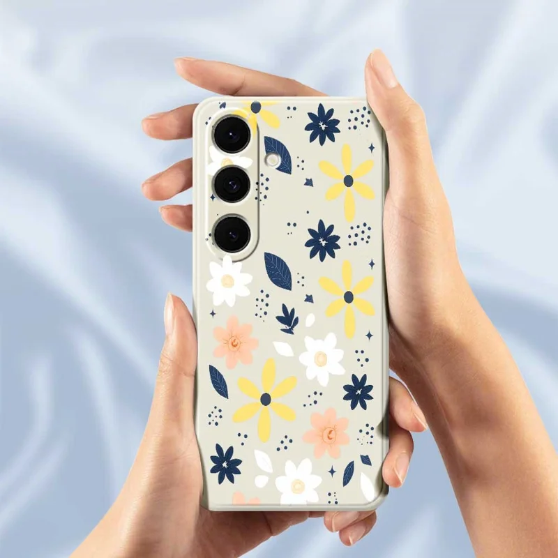 For Samsung Galaxy S24 FE Case Colorful Floral Blue Leaves Pattern Printing Straight Edge TPU Phone Back Cover - Beige