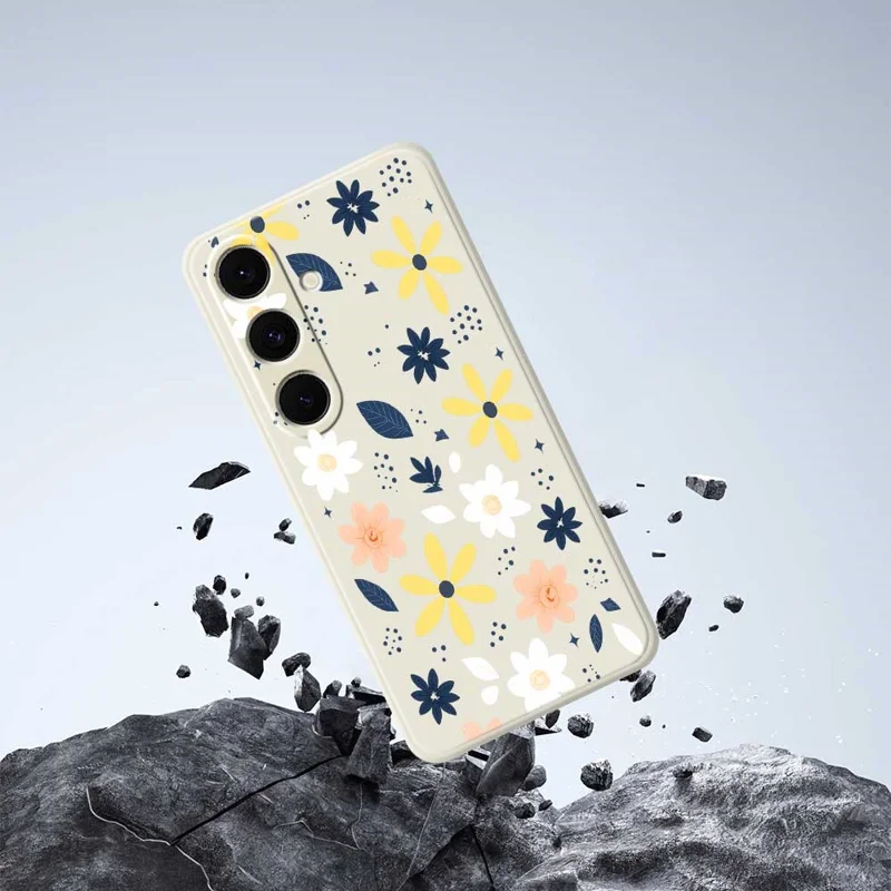 For Samsung Galaxy S24 FE Case Colorful Floral Blue Leaves Pattern Printing Straight Edge TPU Phone Back Cover - Beige