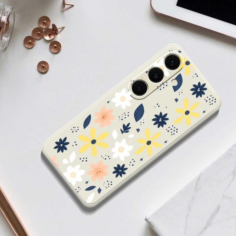 For Samsung Galaxy S24 FE Case Colorful Floral Blue Leaves Pattern Printing Straight Edge TPU Phone Back Cover - Beige