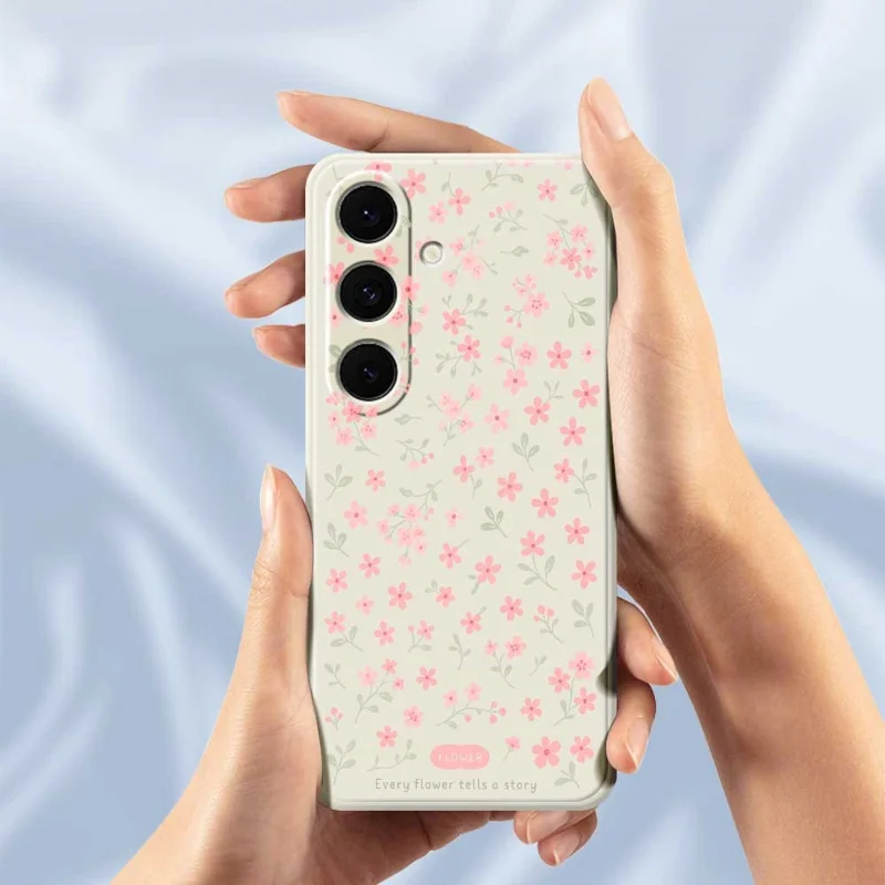 For Samsung Galaxy S24 FE Case Pink Small Flowers Pattern Printing Straight Edge TPU Phone Back Cover - Beige