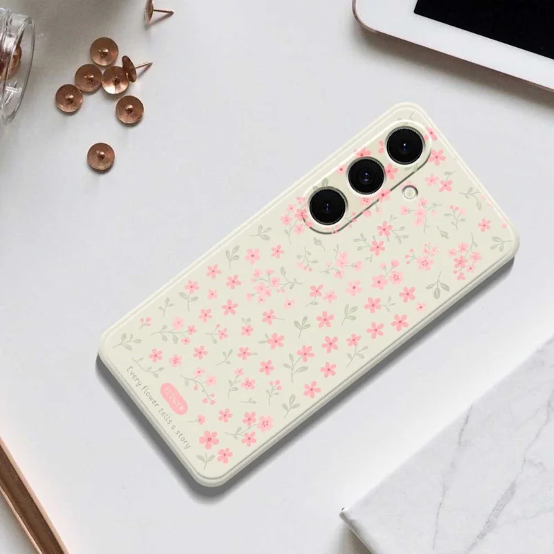 For Samsung Galaxy S24 FE Case Pink Small Flowers Pattern Printing Straight Edge TPU Phone Back Cover - Beige