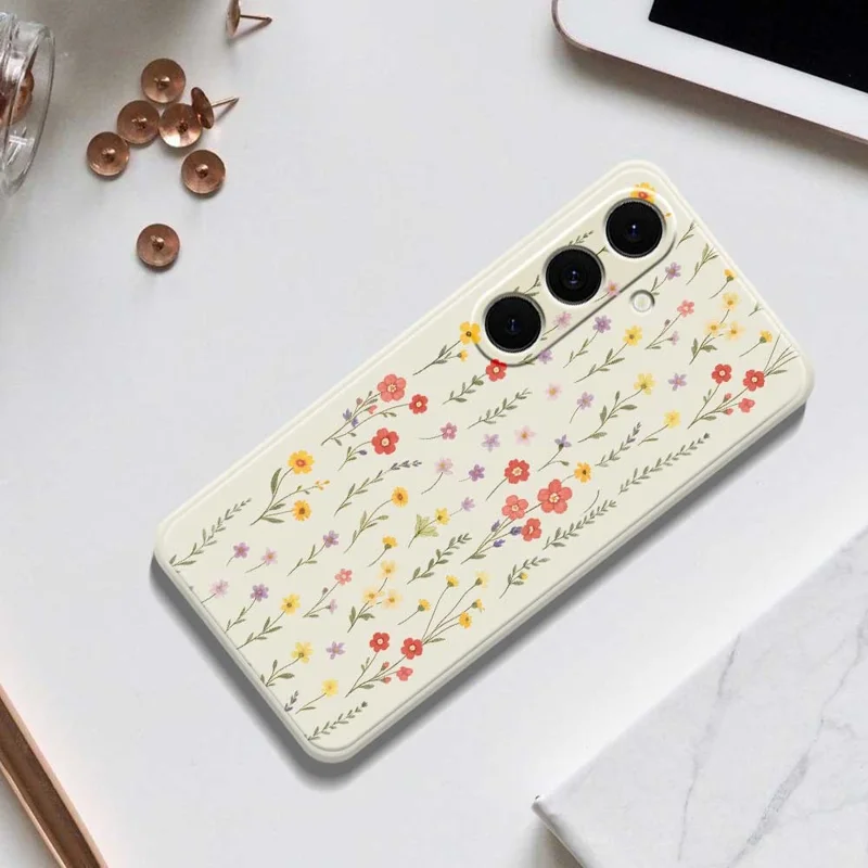 For Samsung Galaxy S24 FE Case Flowers and Grass Pattern Printing Straight Edge TPU Phone Back Cover - Beige