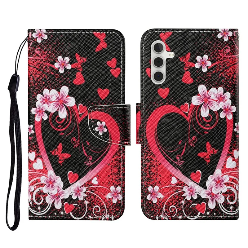 For Samsung Galaxy A17 5G / A17 4G / A26 5G / A16 5G / A16 4G Case Pattern Printing Protective Leather Folio Phone Cover with Wrist Strap - Red Heart