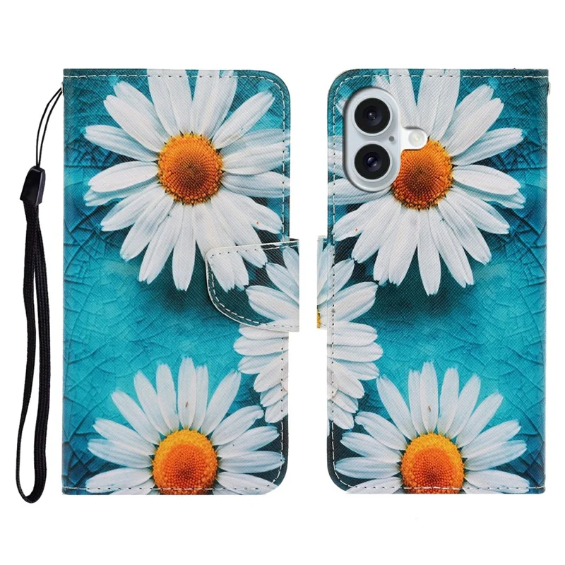 For iPhone 17 Case Pattern Printing Protective Leather Folio Phone Cover with Wrist Strap - Chrysanthemum