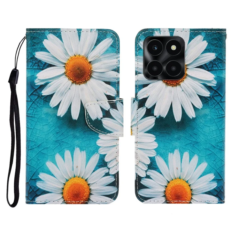Étui de protection pour Honor X6c 4G / X6b 4G / X6a 4G / X5b / X5b Plus Impression de motif Housse de téléphone en cuir avec dragonne - Chrysanthème