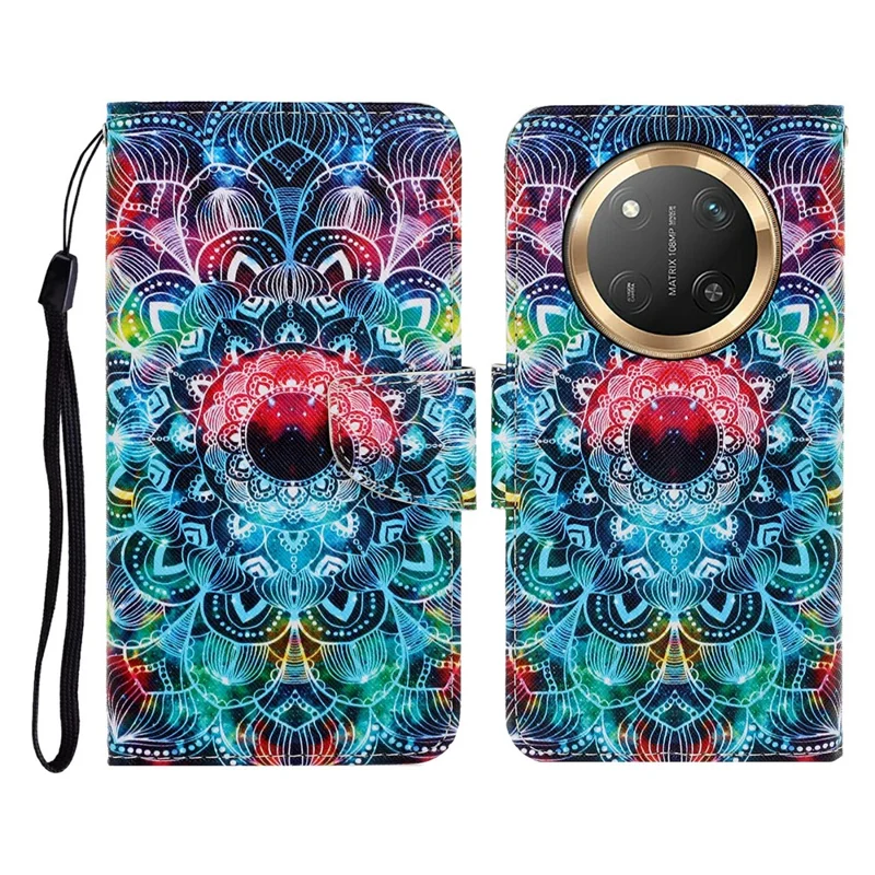 Étui en cuir de protection à motif pour For Honor X60 Pro 5G / X9c 5G / Magic7 Lite 5G avec sangle de poignet - Mandala
