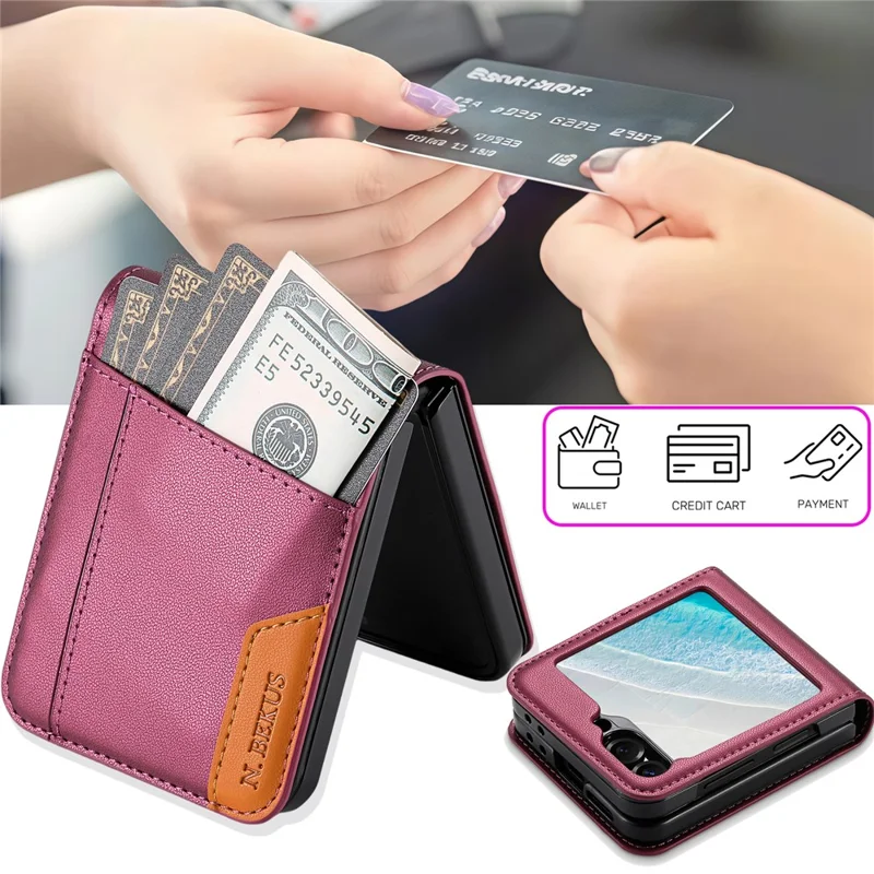 N.BEKUS Pour Samsung Galaxy Z Flip6 5G / Flip7 FE 5G Étui avec Emplacement pour Carte en PU + PC Coque Arrière de Téléphone - Rouge Vin