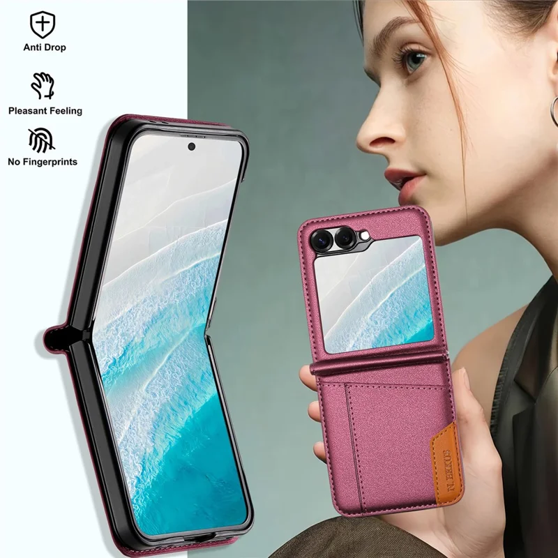 N.BEKUS Pour Samsung Galaxy Z Flip6 5G / Flip7 FE 5G Étui avec Emplacement pour Carte en PU + PC Coque Arrière de Téléphone - Rouge Vin
