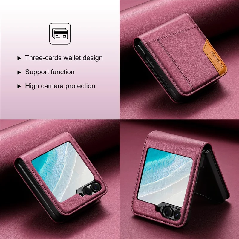 N.BEKUS Pour Samsung Galaxy Z Flip6 5G / Flip7 FE 5G Étui avec Emplacement pour Carte en PU + PC Coque Arrière de Téléphone - Rouge Vin