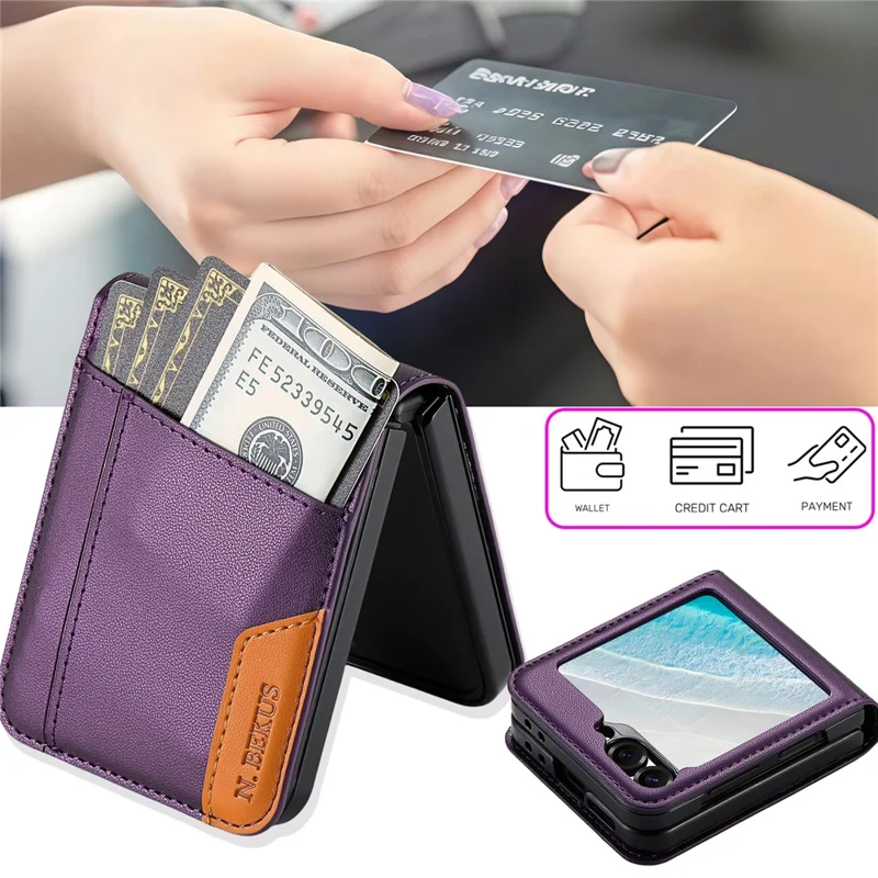N.BEKUS For Samsung Galaxy Z Flip6 5G / Flip7 FE 5G Case Card Slot PU + PC Phone Back Cover - Purple