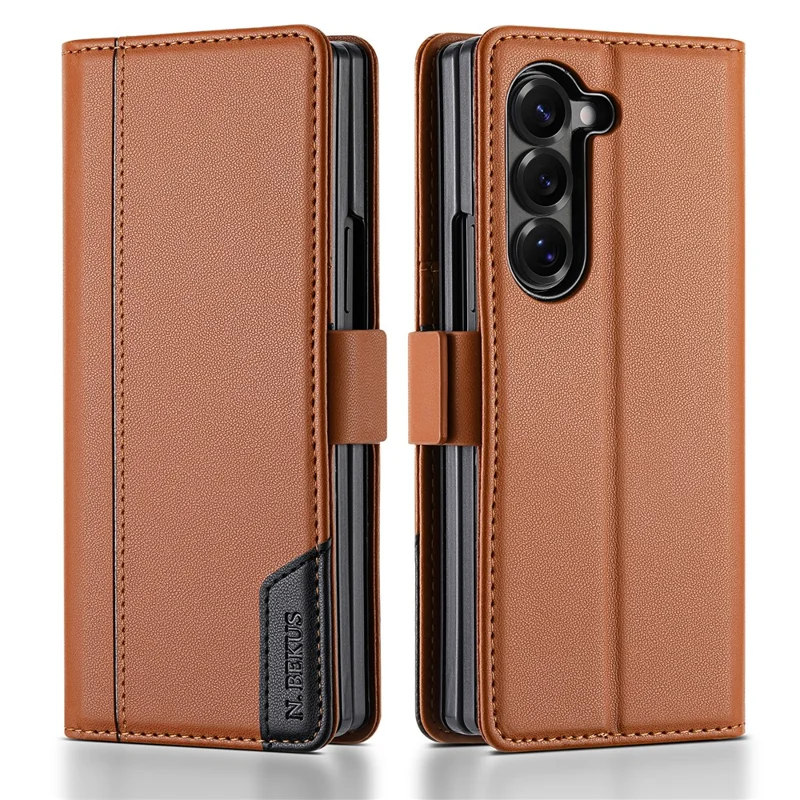 N.BEKUS Für Samsung Galaxy Z Fold6 5G Ständer-Hülle mit RFID-Schutz PU-Leder Brieftasche Handyhülle - Braun