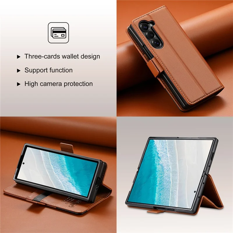 N.BEKUS Für Samsung Galaxy Z Fold6 5G Ständer-Hülle mit RFID-Schutz PU-Leder Brieftasche Handyhülle - Braun