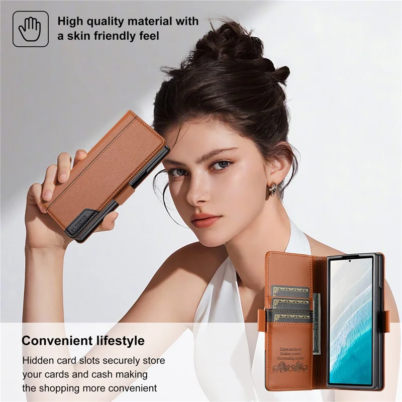 N.BEKUS Für Samsung Galaxy Z Fold6 5G Ständer-Hülle mit RFID-Schutz PU-Leder Brieftasche Handyhülle - Braun