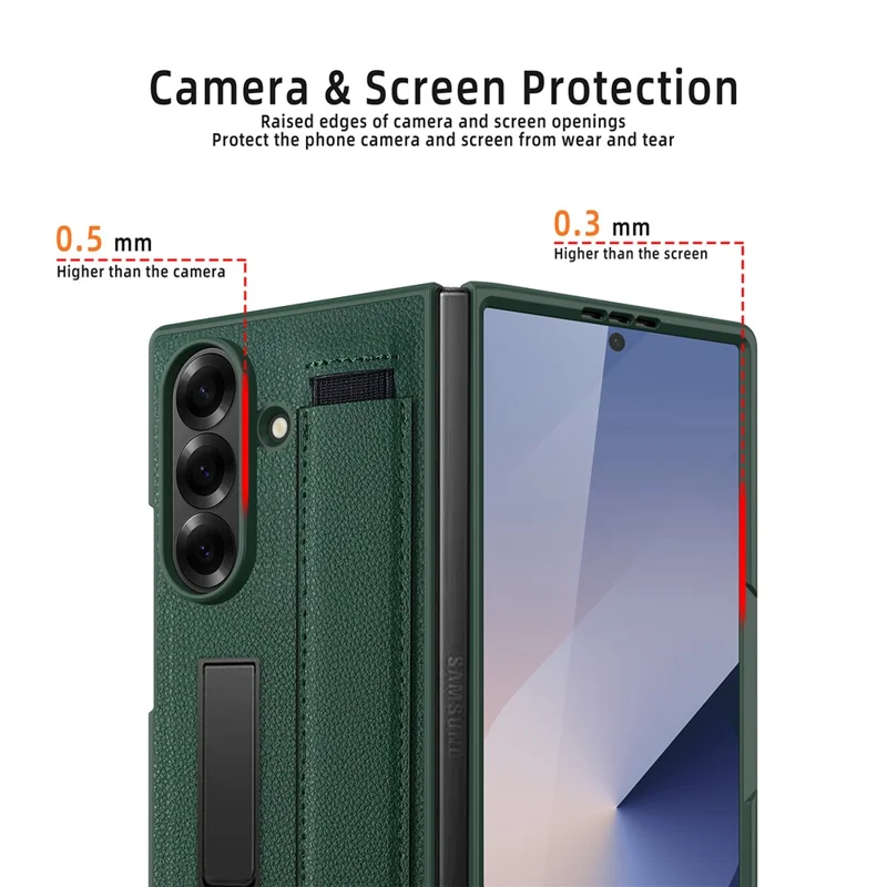 For Samsung Galaxy Z Fold7 5G Case Litchi Texture PU+PC Wristband Phone Cover with Screen  /  Lens Film - Black  /  Red