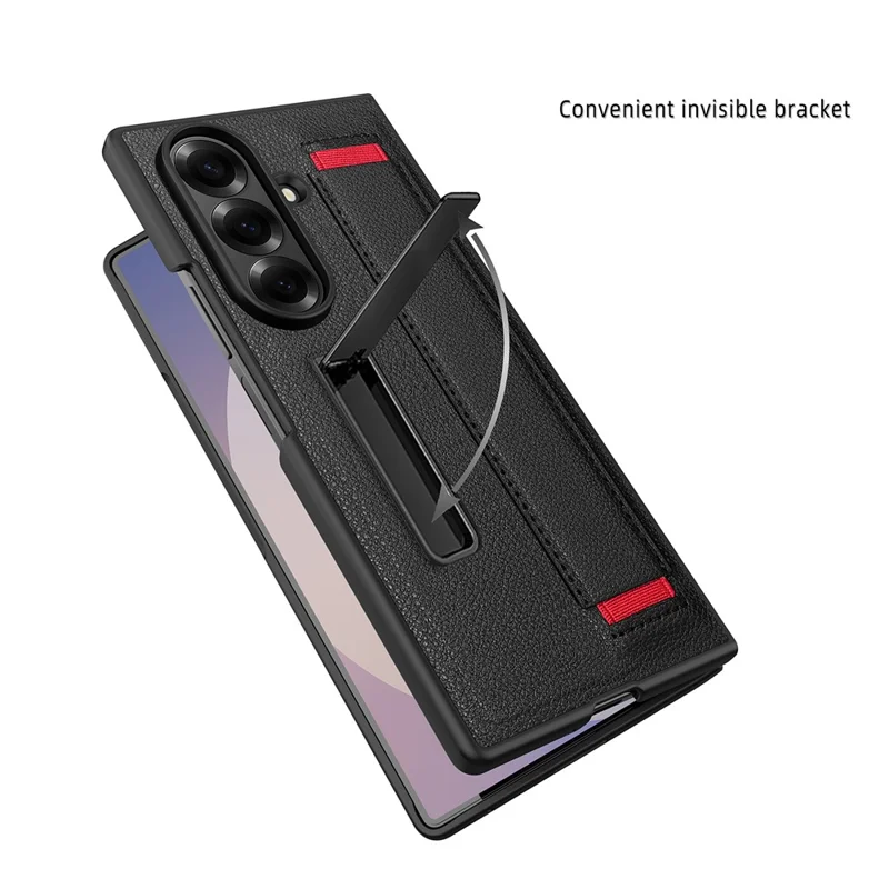 For Samsung Galaxy Z Fold7 5G Case Litchi Texture PU+PC Wristband Phone Cover with Screen  /  Lens Film - Black  /  Red