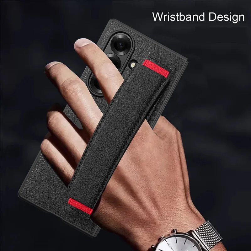 For Samsung Galaxy Z Fold7 5G Case Litchi Texture PU+PC Wristband Phone Cover with Screen  /  Lens Film - Black  /  Red