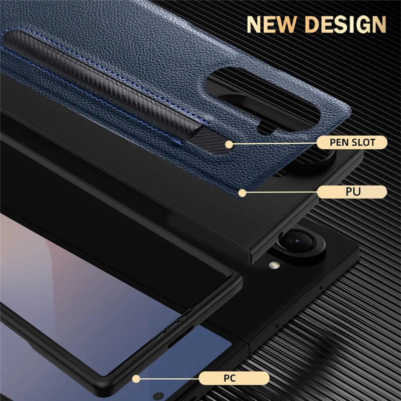 For Samsung Galaxy Z Fold7 5G Case Pencil Holder Litchi Texture PU+PC Phone Cover with Screen Film - Blue