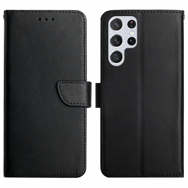 Pour Samsung Galaxy S23 Ultra HT02 Nappa Texture Genuine Leather Drop-proof Phone Case Stand Wallet Folio Flip Cover - Noir