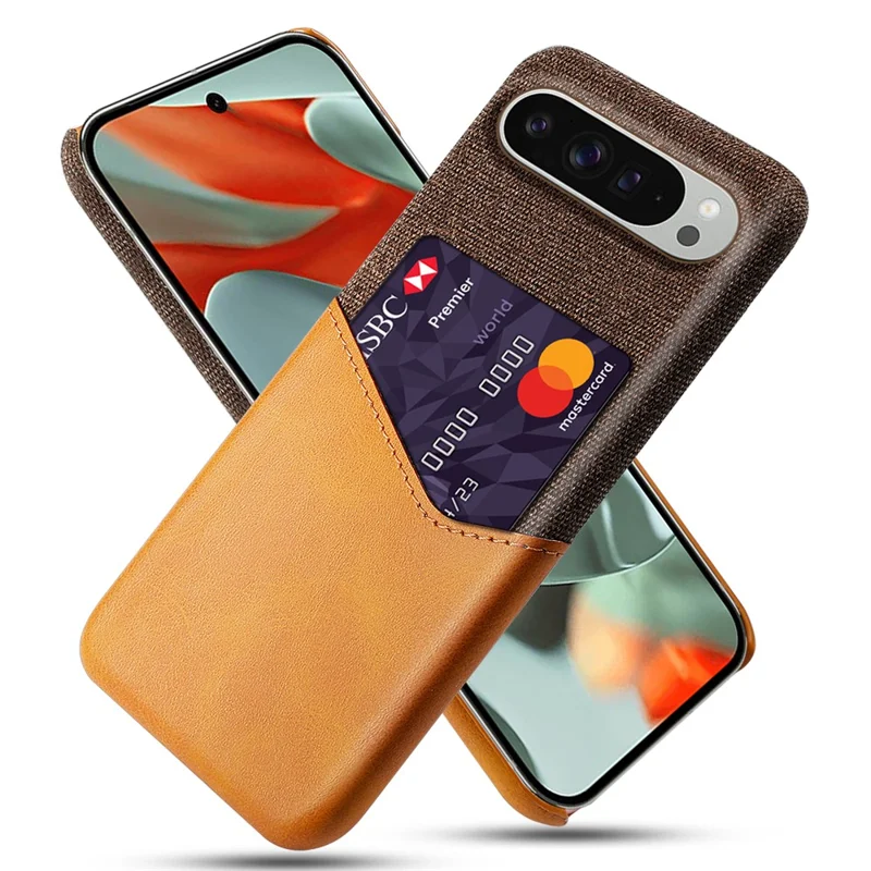 For Google Pixel 10 Pro XL Case PU Leather Cloth Texture Hard PC Phone Cover with Card Holder - Orange