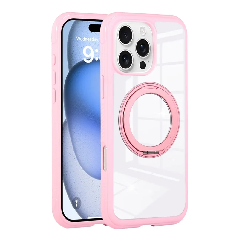For iPhone 16 Pro Magnetic Case Stress Relief Kickstand TPU + PC Transparent Protective Phone Cover - Pink