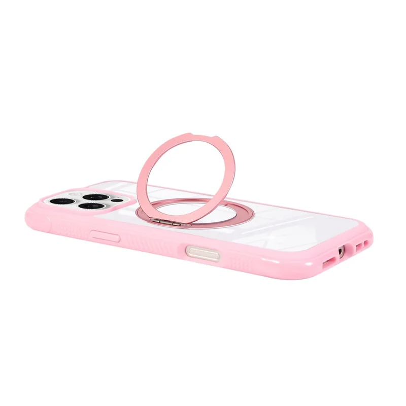 For iPhone 16 Pro Magnetic Case Stress Relief Kickstand TPU + PC Transparent Protective Phone Cover - Pink