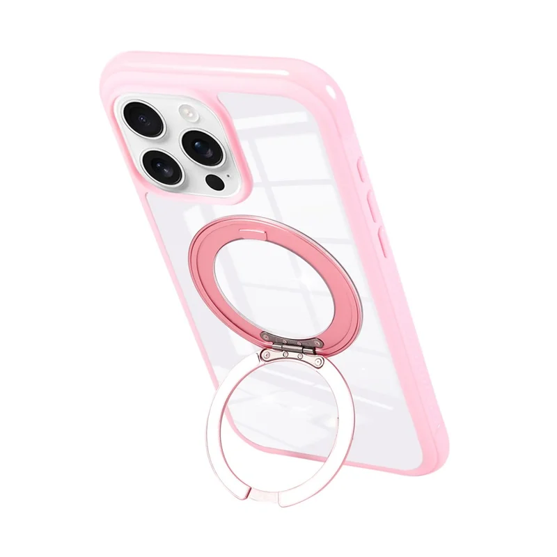 For iPhone 16 Pro Magnetic Case Stress Relief Kickstand TPU + PC Transparent Protective Phone Cover - Pink