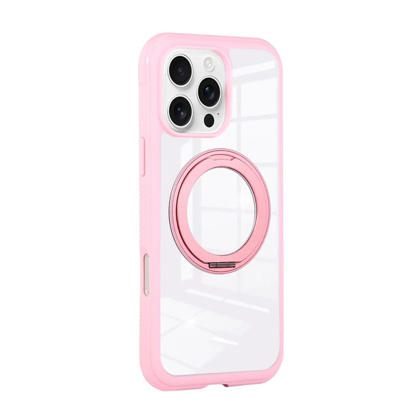 For iPhone 16 Pro Magnetic Case Stress Relief Kickstand TPU + PC Transparent Protective Phone Cover - Pink