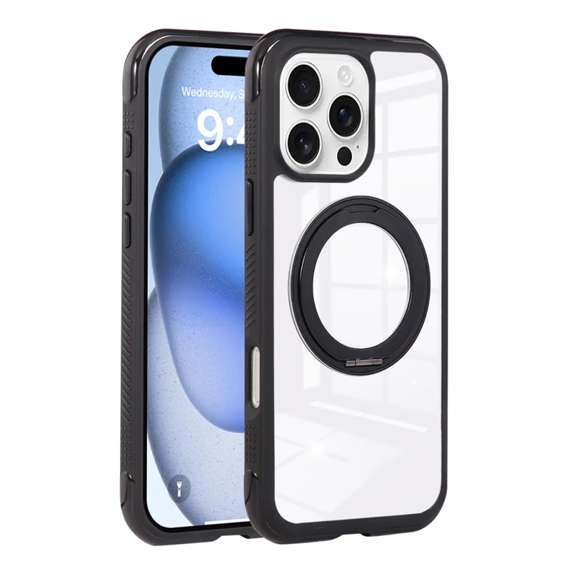 For iPhone 16 Pro Max Magnetic Case Stress Relief Kickstand TPU + PC Transparent Protective Phone Cover - Black