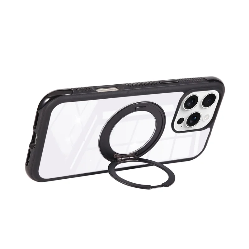 For iPhone 16 Pro Max Magnetic Case Stress Relief Kickstand TPU + PC Transparent Protective Phone Cover - Black