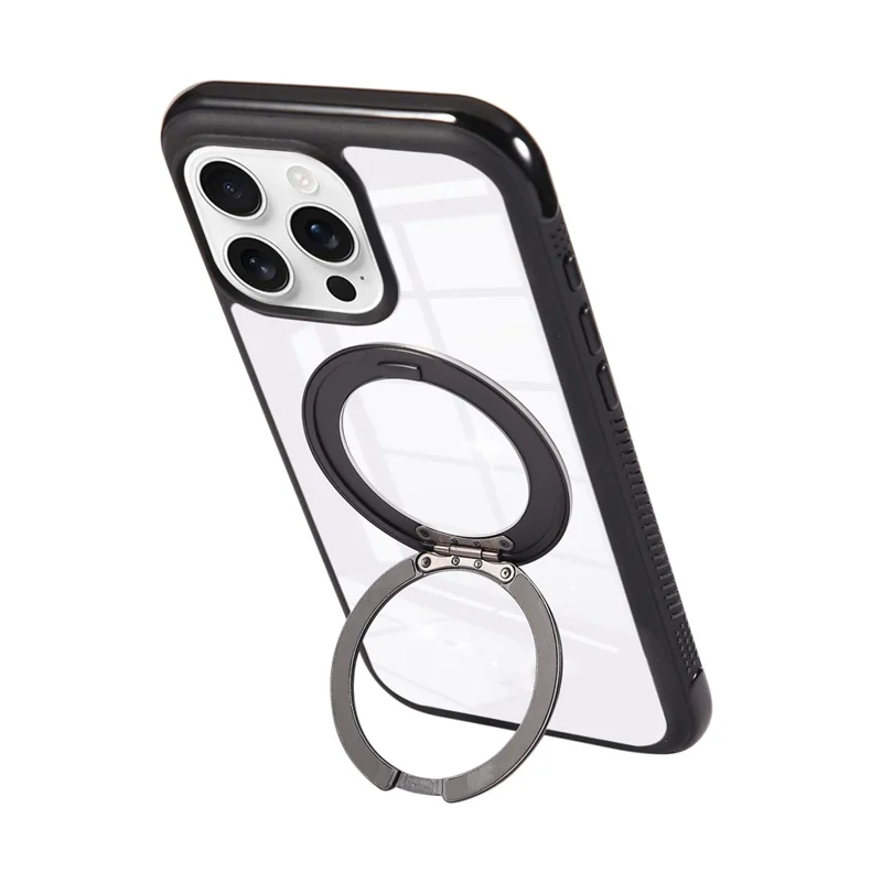 For iPhone 16 Pro Max Magnetic Case Stress Relief Kickstand TPU + PC Transparent Protective Phone Cover - Black
