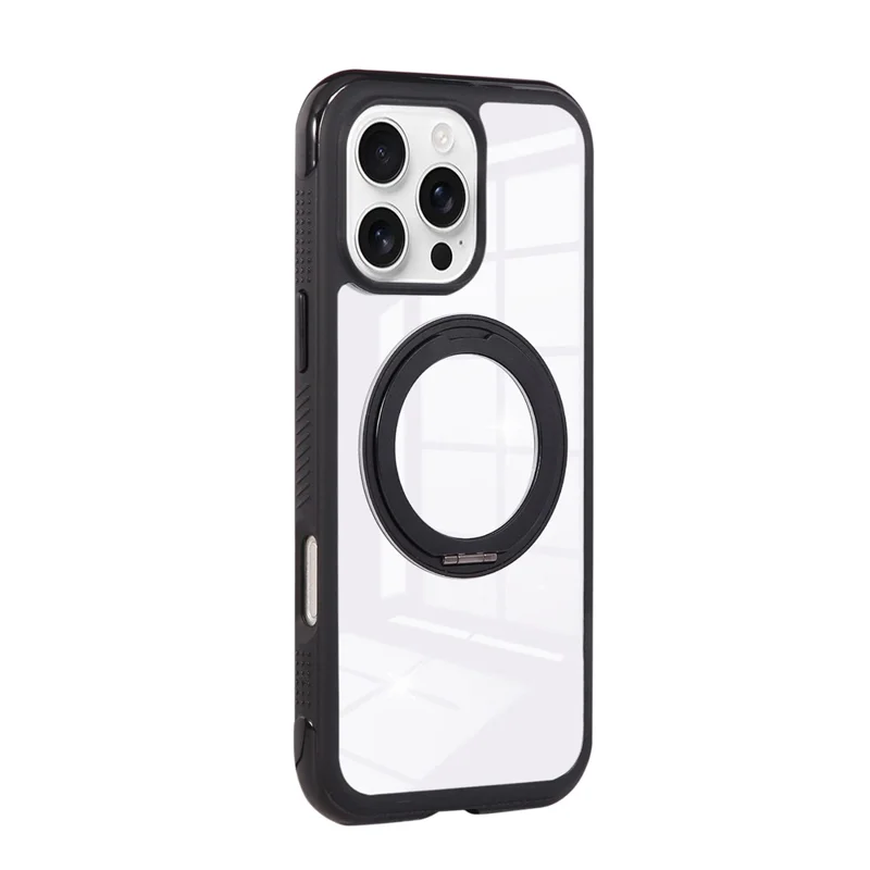 For iPhone 16 Pro Max Magnetic Case Stress Relief Kickstand TPU + PC Transparent Protective Phone Cover - Black