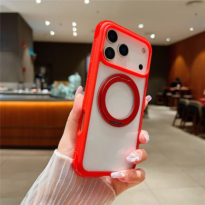 For iPhone 17 Pro Magnetic Case Stress Relief Kickstand TPU + PC Transparent Protective Phone Cover - Red