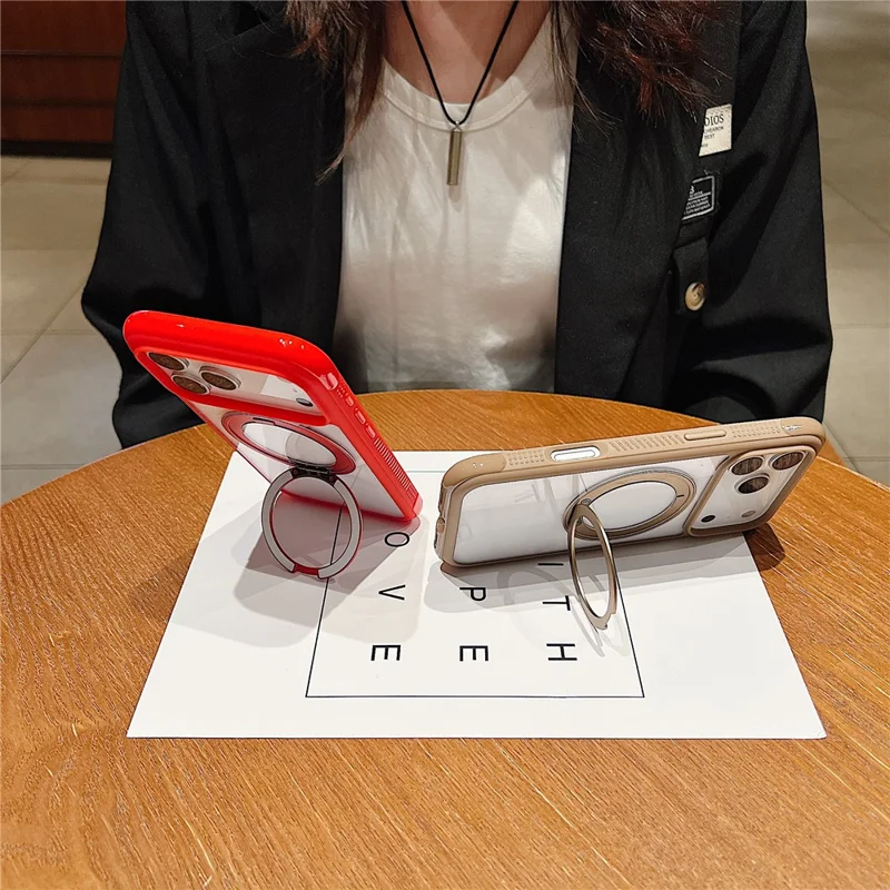 For iPhone 17 Pro Magnetic Case Stress Relief Kickstand TPU + PC Transparent Protective Phone Cover - Red