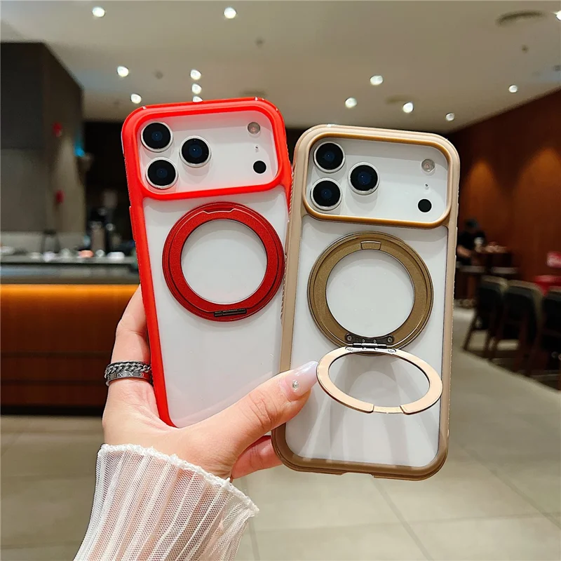 For iPhone 17 Pro Magnetic Case Stress Relief Kickstand TPU + PC Transparent Protective Phone Cover - Red